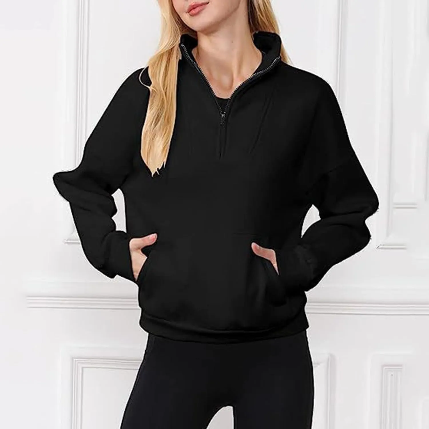 Women's Half Zip Sweatshirt No Hood Casual Long Sleeve Stand Collar Quarter Zip Pullover Fall Shirts Tops
