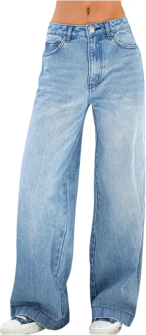 Women's High Waist Baggy Jeans Wide Leg Denim Jeans Flap Pocket Side Jeans Straight Casual Loose Trousers Classic Streetwear Dark Blue, X-Small