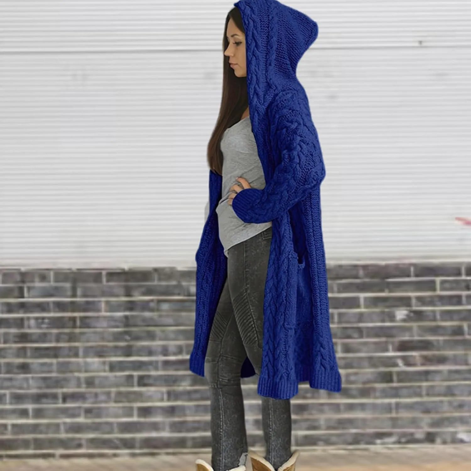 Women's Hooded Open Front Cardigan Cable Knit Hoodie Sweaters Solid Chunky Long Sweater Coats Ladies Fashion Knitwear