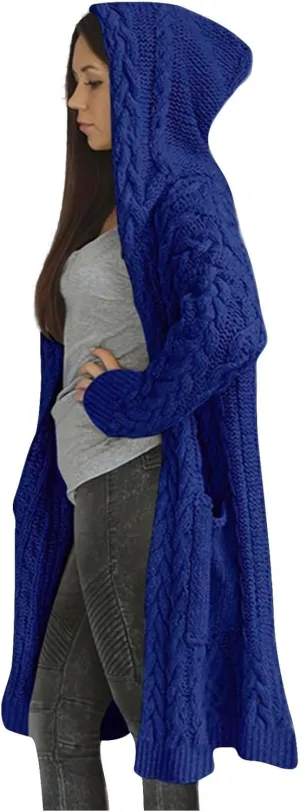 Women's Hooded Open Front Cardigan Cable Knit Hoodie Sweaters Solid Chunky Long Sweater Coats Ladies Fashion Knitwear