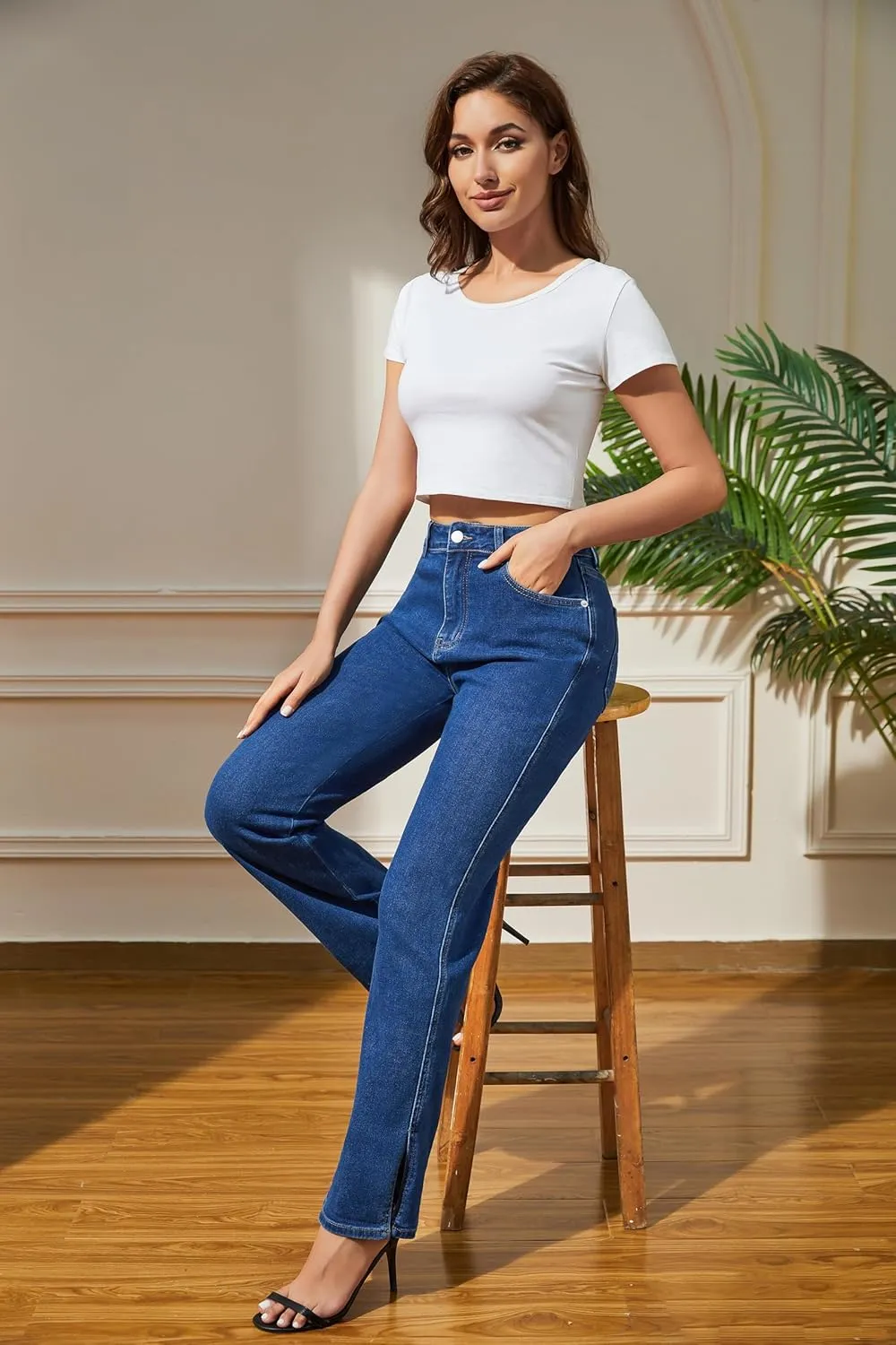 Womens Jeans High Waisted Stretchy Straight Leg Split Hem Jeans for Women Trendy Classic Denim