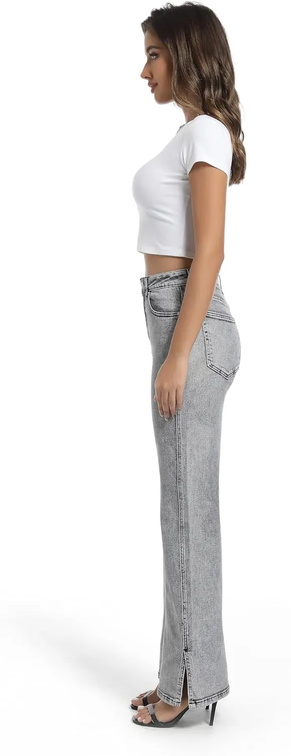 Womens Jeans High Waisted Stretchy Straight Leg Split Hem Jeans for Women Trendy Classic Denim