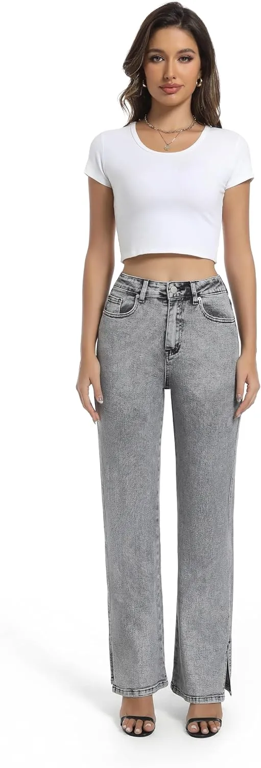 Womens Jeans High Waisted Stretchy Straight Leg Split Hem Jeans for Women Trendy Classic Denim