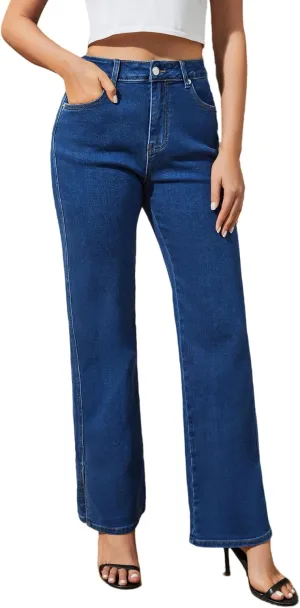 Womens Jeans High Waisted Stretchy Straight Leg Split Hem Jeans for Women Trendy Classic Denim