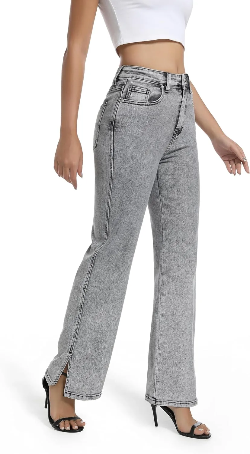 Womens Jeans High Waisted Stretchy Straight Leg Split Hem Jeans for Women Trendy Classic Denim