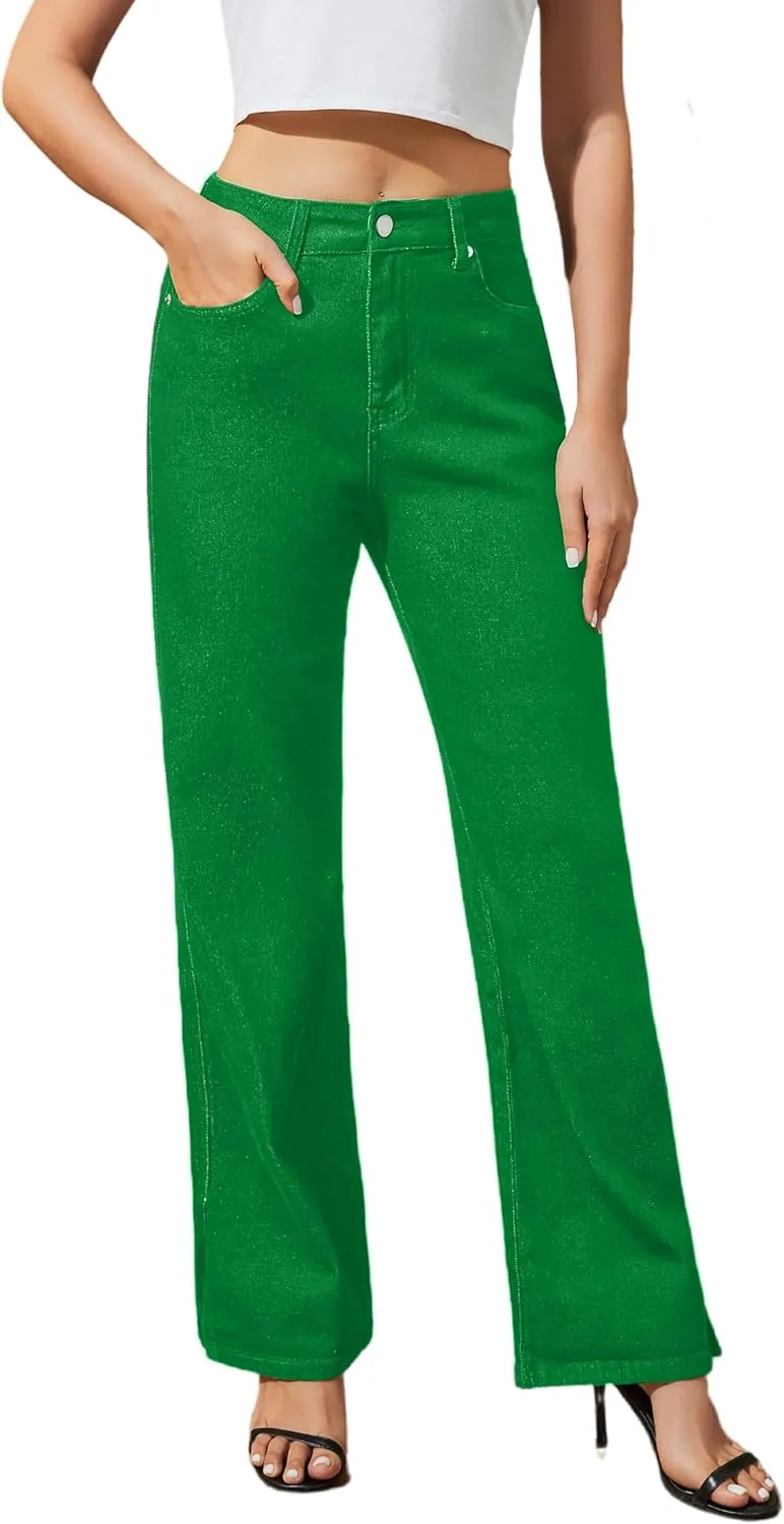 Womens Jeans High Waisted Stretchy Straight Leg Split Hem Jeans for Women Trendy Classic Denim