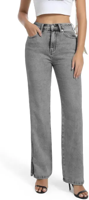 Womens Jeans High Waisted Stretchy Straight Leg Split Hem Jeans for Women Trendy Classic Denim