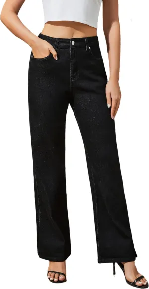 Womens Jeans High Waisted Stretchy Straight Leg Split Hem Jeans for Women Trendy Classic Denim