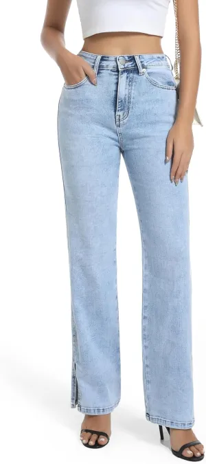 Womens Jeans High Waisted Stretchy Straight Leg Split Hem Jeans for Women Trendy Classic Denim