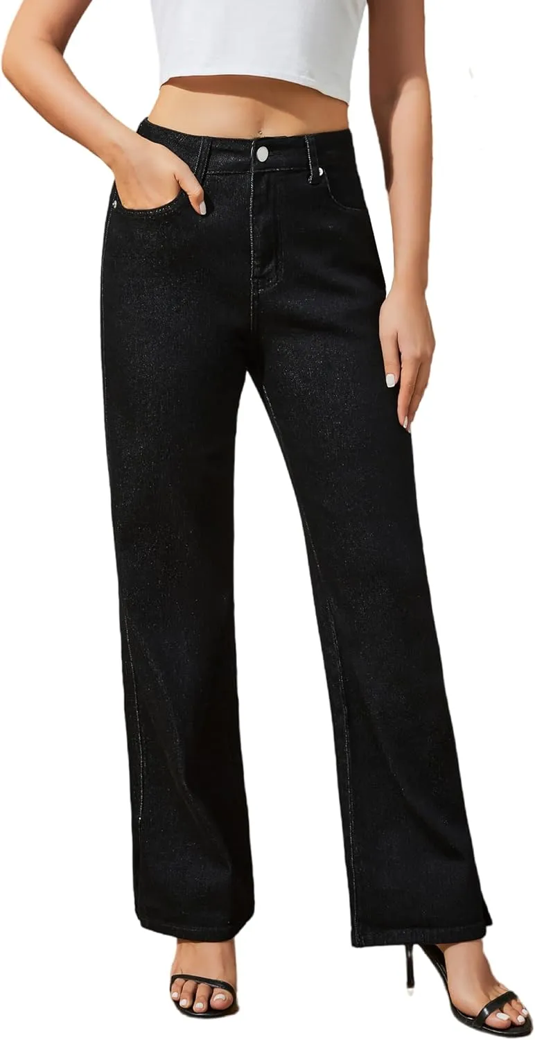 Womens Jeans High Waisted Stretchy Straight Leg Split Hem Jeans for Women Trendy Classic Denim