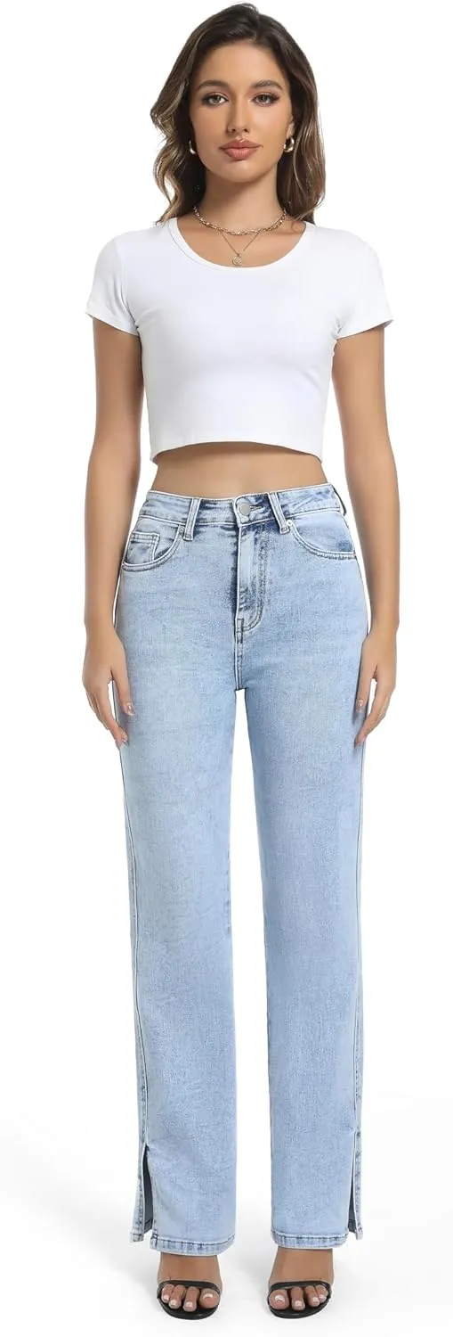 Womens Jeans High Waisted Stretchy Straight Leg Split Hem Jeans for Women Trendy Classic Denim