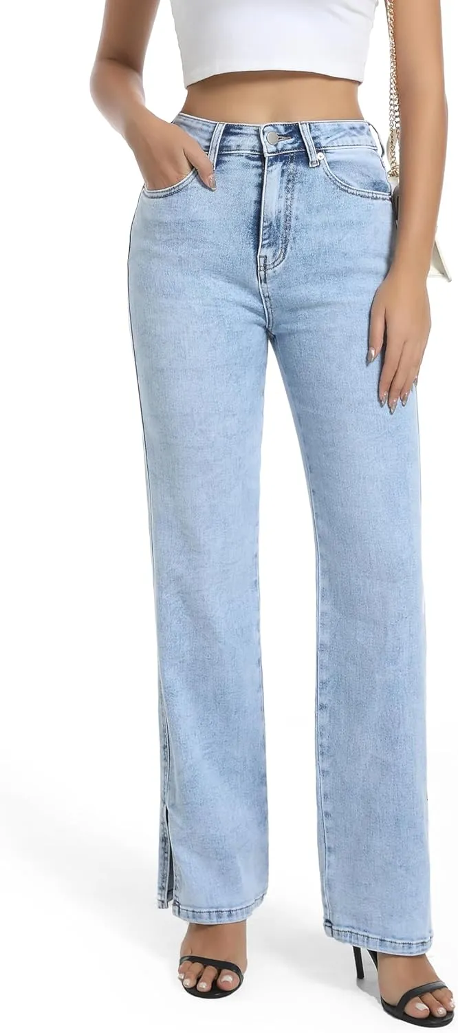 Womens Jeans High Waisted Stretchy Straight Leg Split Hem Jeans for Women Trendy Classic Denim