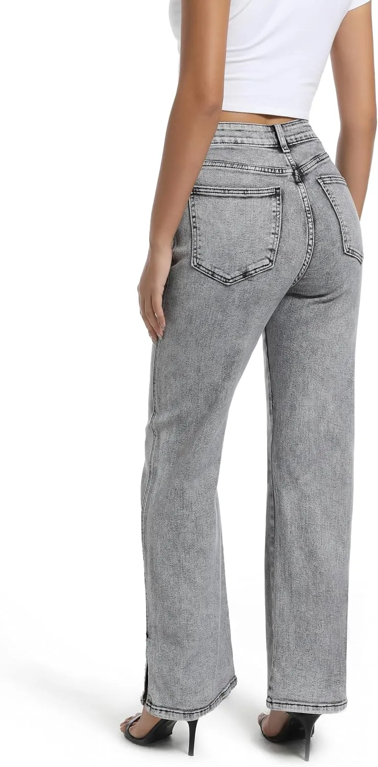 Womens Jeans High Waisted Stretchy Straight Leg Split Hem Jeans for Women Trendy Classic Denim