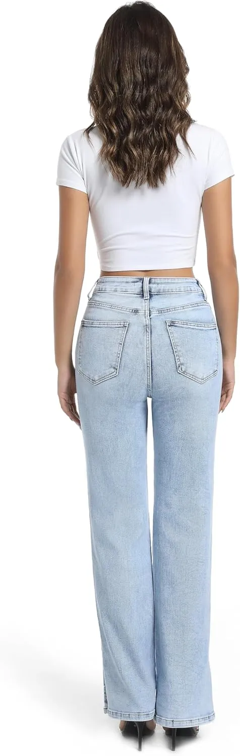 Womens Jeans High Waisted Stretchy Straight Leg Split Hem Jeans for Women Trendy Classic Denim