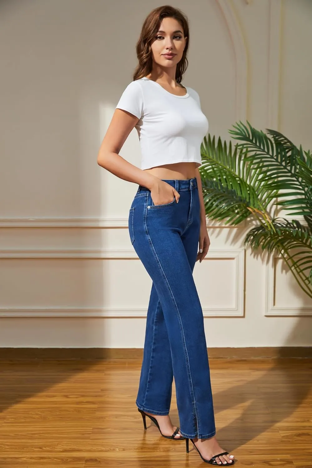 Womens Jeans High Waisted Stretchy Straight Leg Split Hem Jeans for Women Trendy Classic Denim