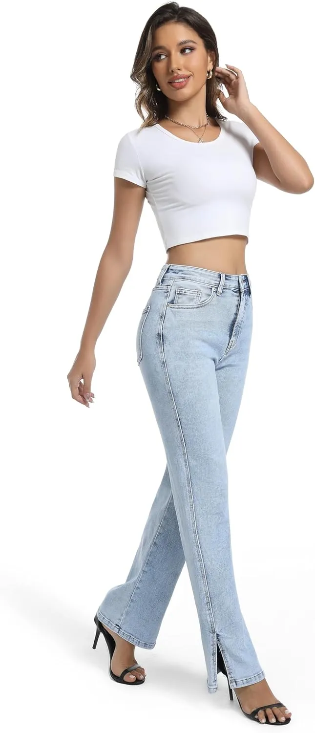 Womens Jeans High Waisted Stretchy Straight Leg Split Hem Jeans for Women Trendy Classic Denim