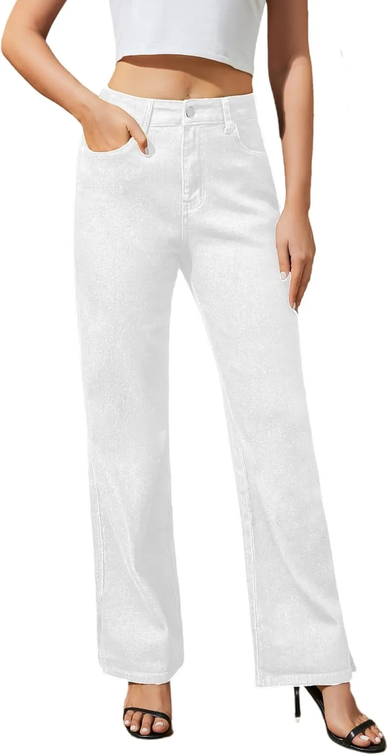 Womens Jeans High Waisted Stretchy Straight Leg Split Hem Jeans for Women Trendy Classic Denim