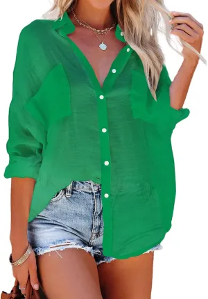 Womens Linen Button Down Shirts Casual Short Sleeve Top V Neck Collared Tunic Tops Summer Beach Blouses with Pockets
