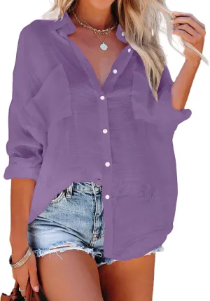 Womens Linen Button Down Shirts Casual Short Sleeve Top V Neck Collared Tunic Tops Summer Beach Blouses with Pockets