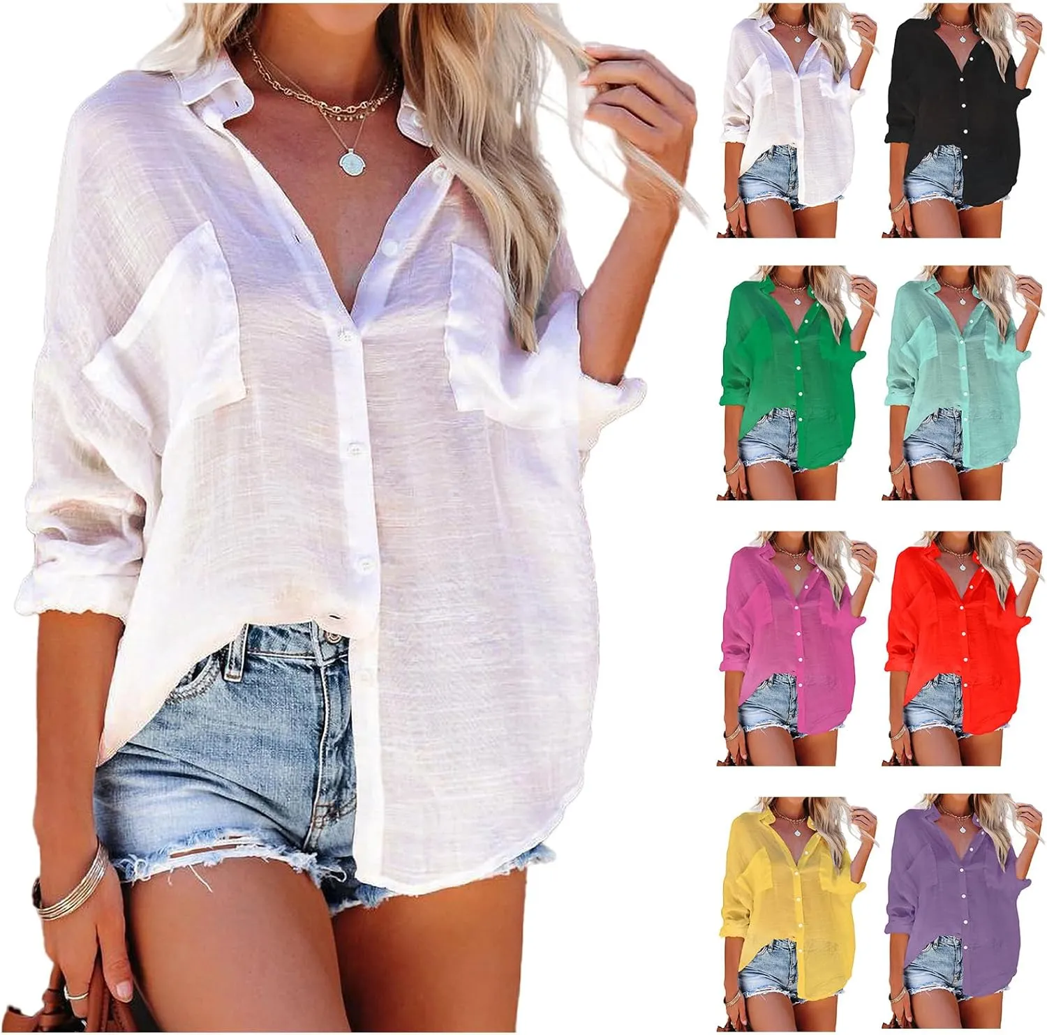 Womens Linen Button Down Shirts Casual Short Sleeve Top V Neck Collared Tunic Tops Summer Beach Blouses with Pockets