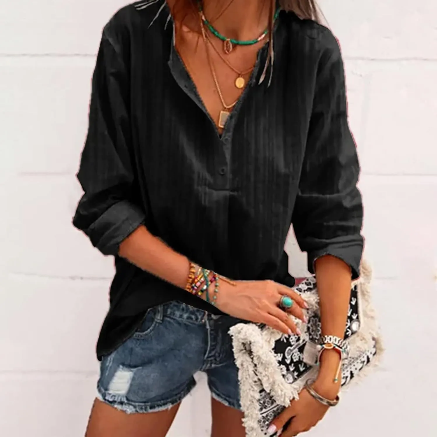 Womens Long Sleeve Cotton T Shirts Summer Dressy Casual Tops Going Out Tops Womens V Neck Cotton T Shirts Blouse