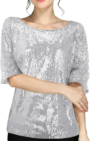 Women's Loose Sequin V Neck Short Sleeve Shirts Glitter Sequins Loose Blouse Tops Basic Basics Long Sleeve Shirt Women