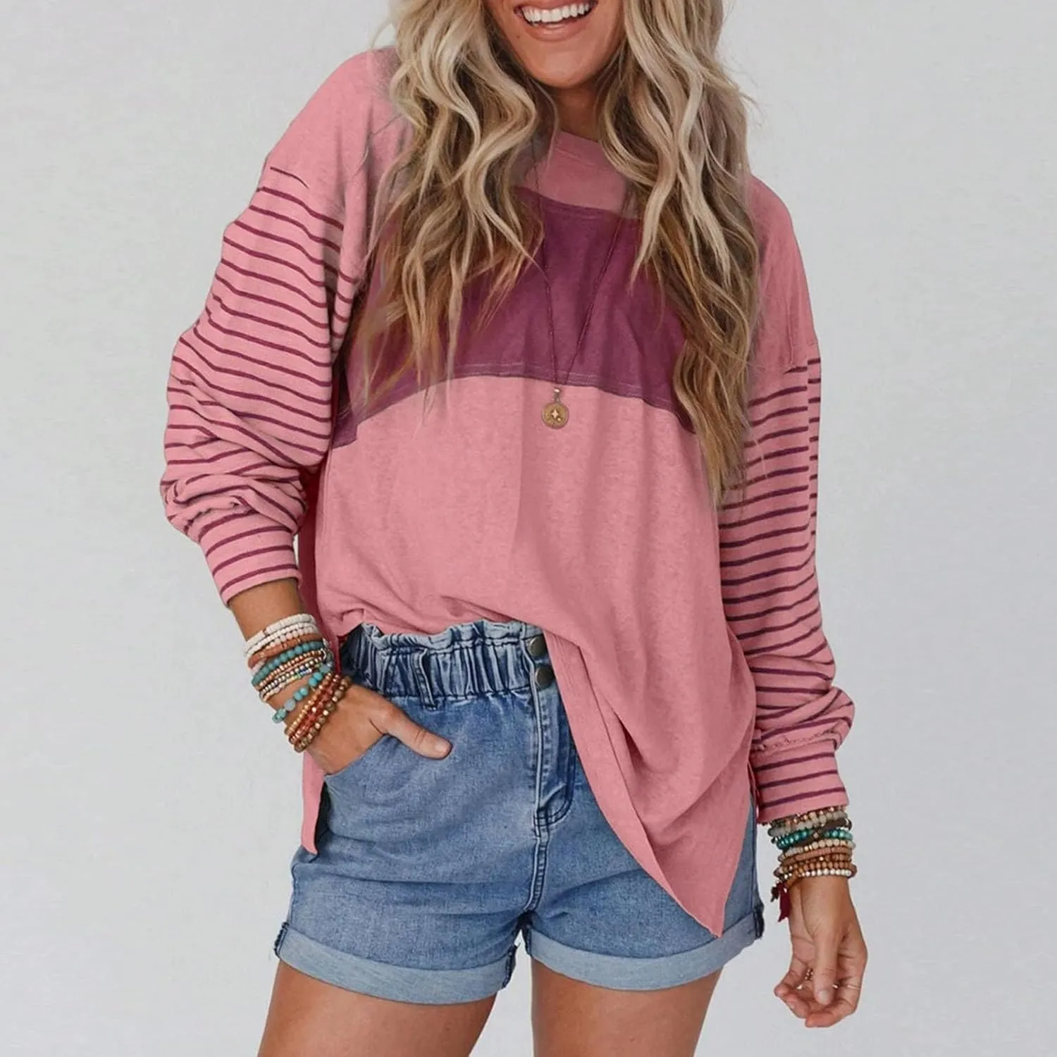 Womens Loose T Shirts Fashion Striped Color Block Long Sleeve Crewneck Side Slit Tunics Fall Lightweight Workout Tops
