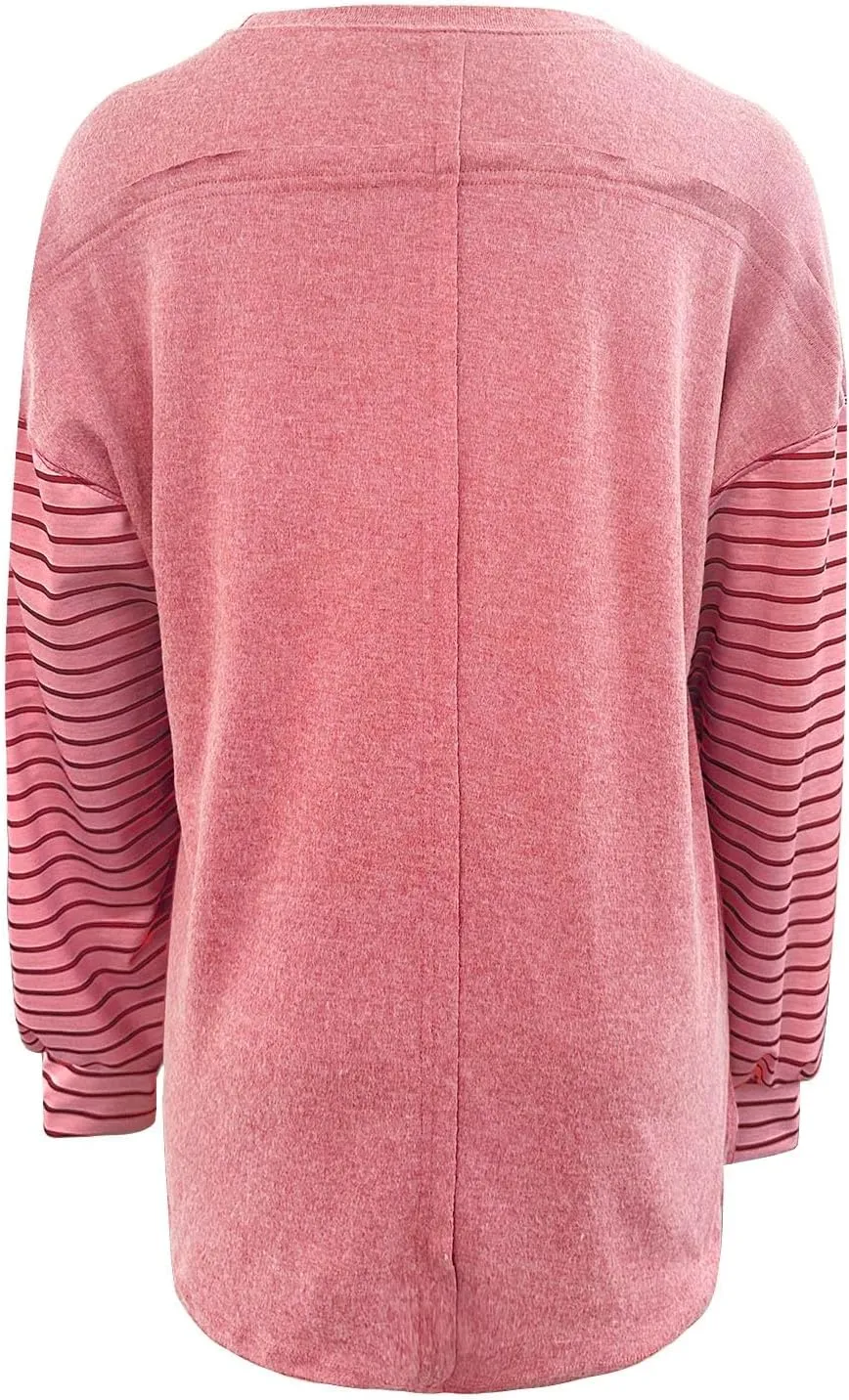 Womens Loose T Shirts Fashion Striped Color Block Long Sleeve Crewneck Side Slit Tunics Fall Lightweight Workout Tops