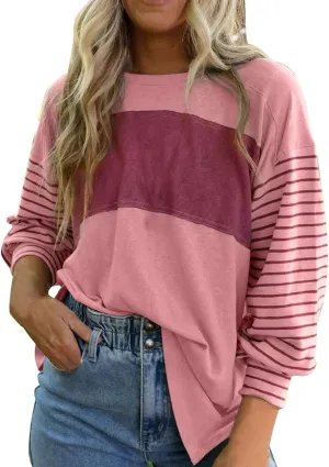 Womens Loose T Shirts Fashion Striped Color Block Long Sleeve Crewneck Side Slit Tunics Fall Lightweight Workout Tops
