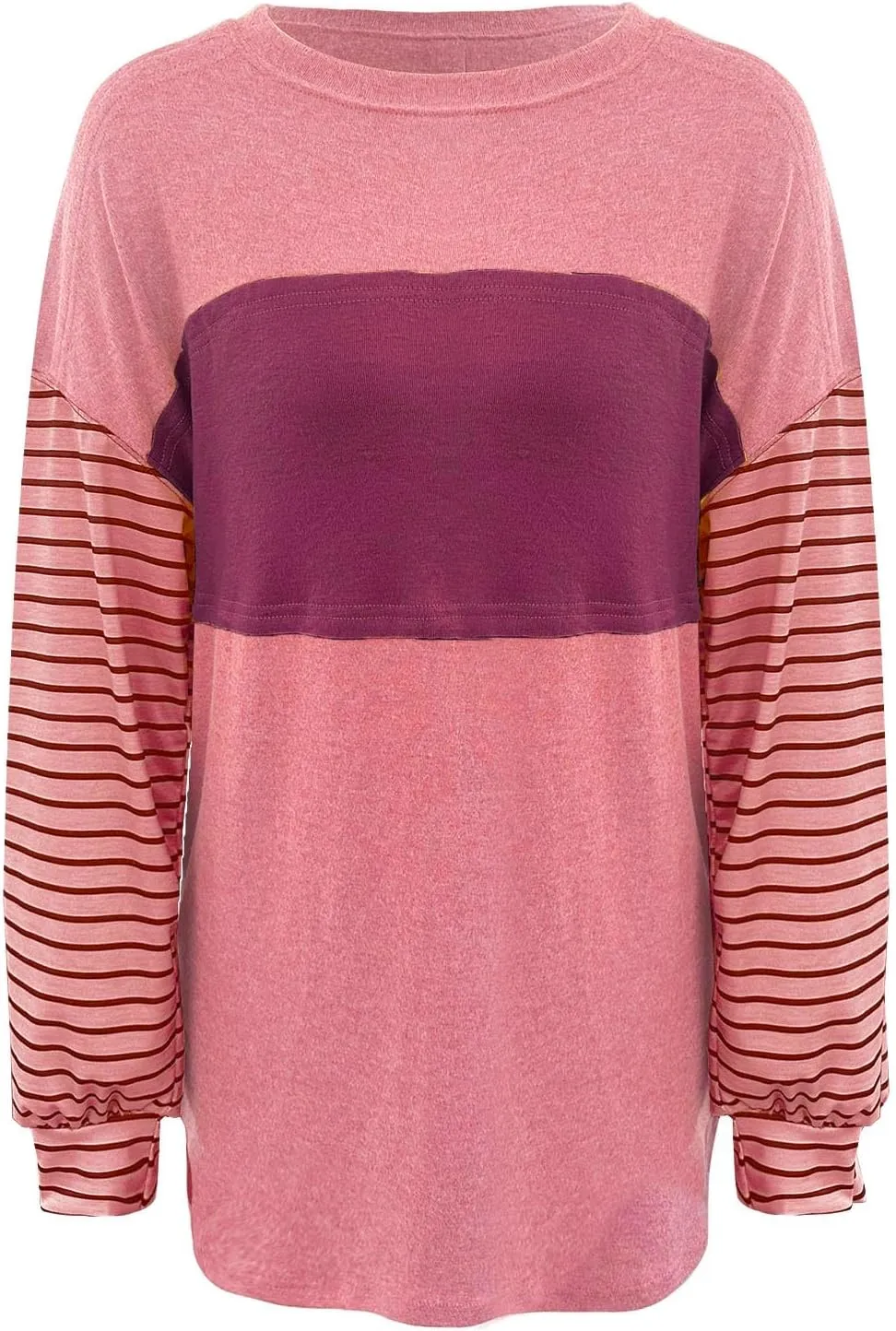 Womens Loose T Shirts Fashion Striped Color Block Long Sleeve Crewneck Side Slit Tunics Fall Lightweight Workout Tops