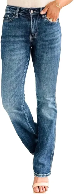 Womens Mid Rise Performance Waist Boot Cut Jeans Curvy Fit Stretch Flare Leg Denim Pants Classic Distressed Jeans