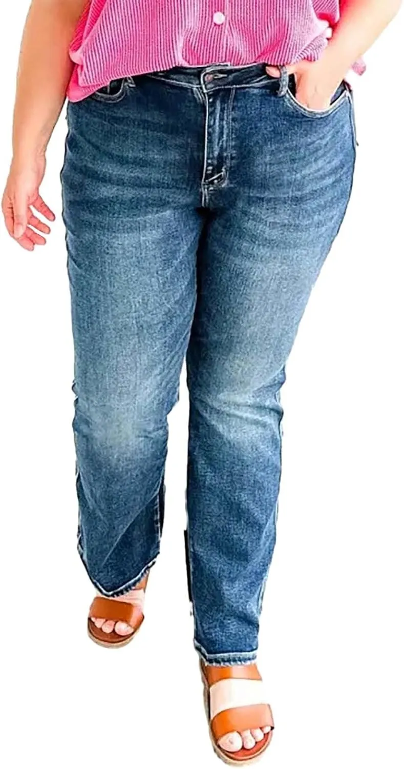 Womens Mid Rise Performance Waist Boot Cut Jeans Curvy Fit Stretch Flare Leg Denim Pants Classic Distressed Jeans