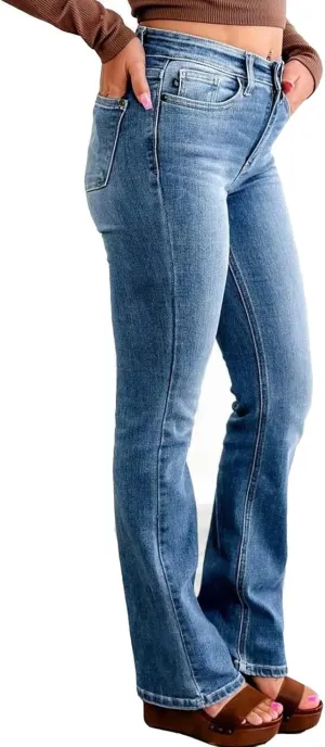 Womens Mid Rise Performance Waist Boot Cut Jeans Curvy Fit Stretch Flare Leg Denim Pants Classic Distressed Jeans