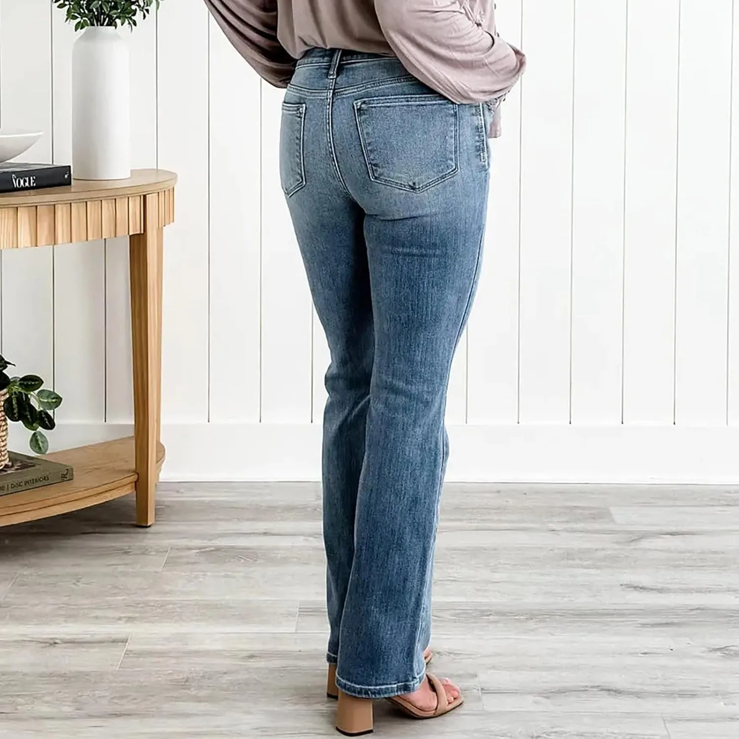 Womens Mid Rise Performance Waist Boot Cut Jeans Curvy Fit Stretch Flare Leg Denim Pants Classic Distressed Jeans