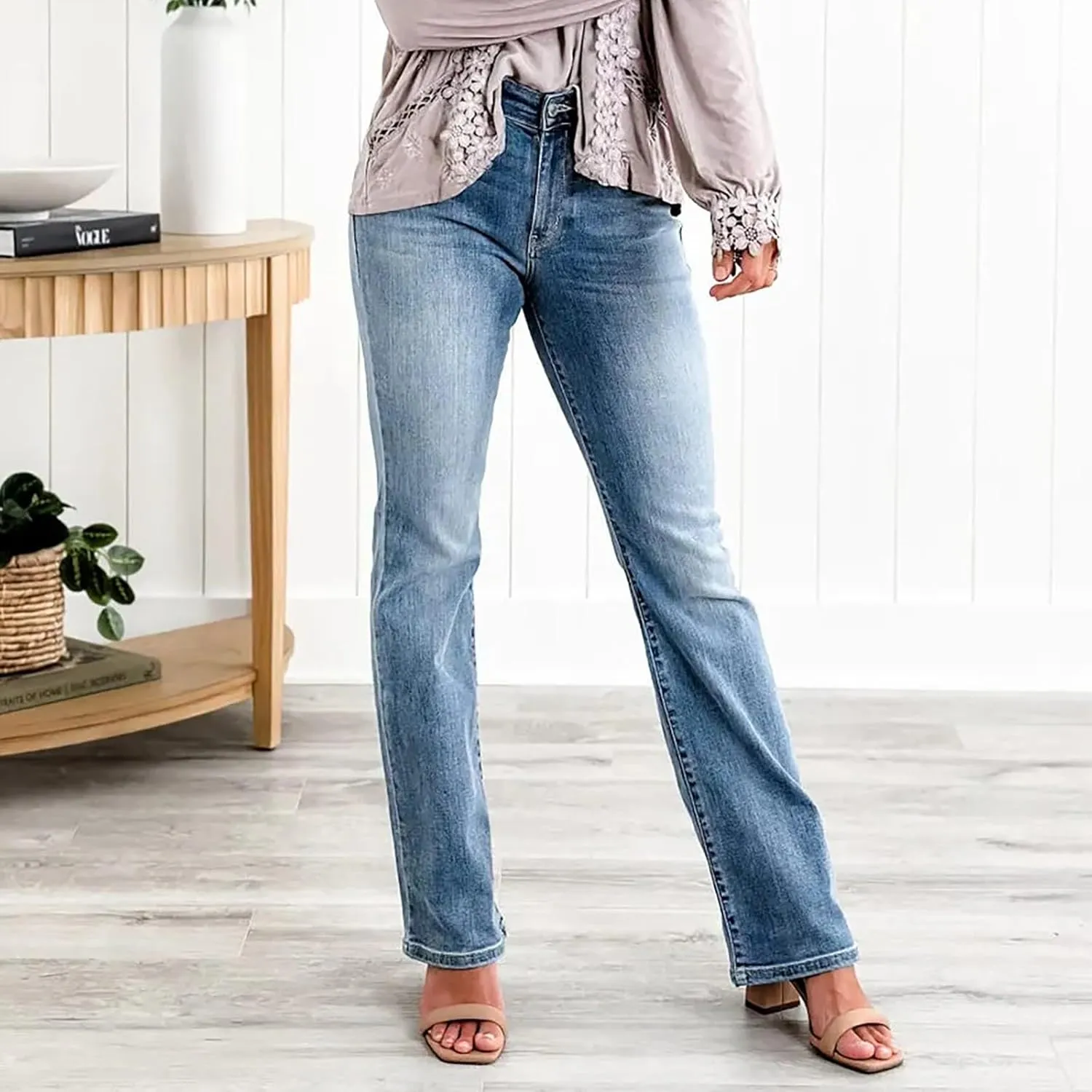Womens Mid Rise Performance Waist Boot Cut Jeans Curvy Fit Stretch Flare Leg Denim Pants Classic Distressed Jeans