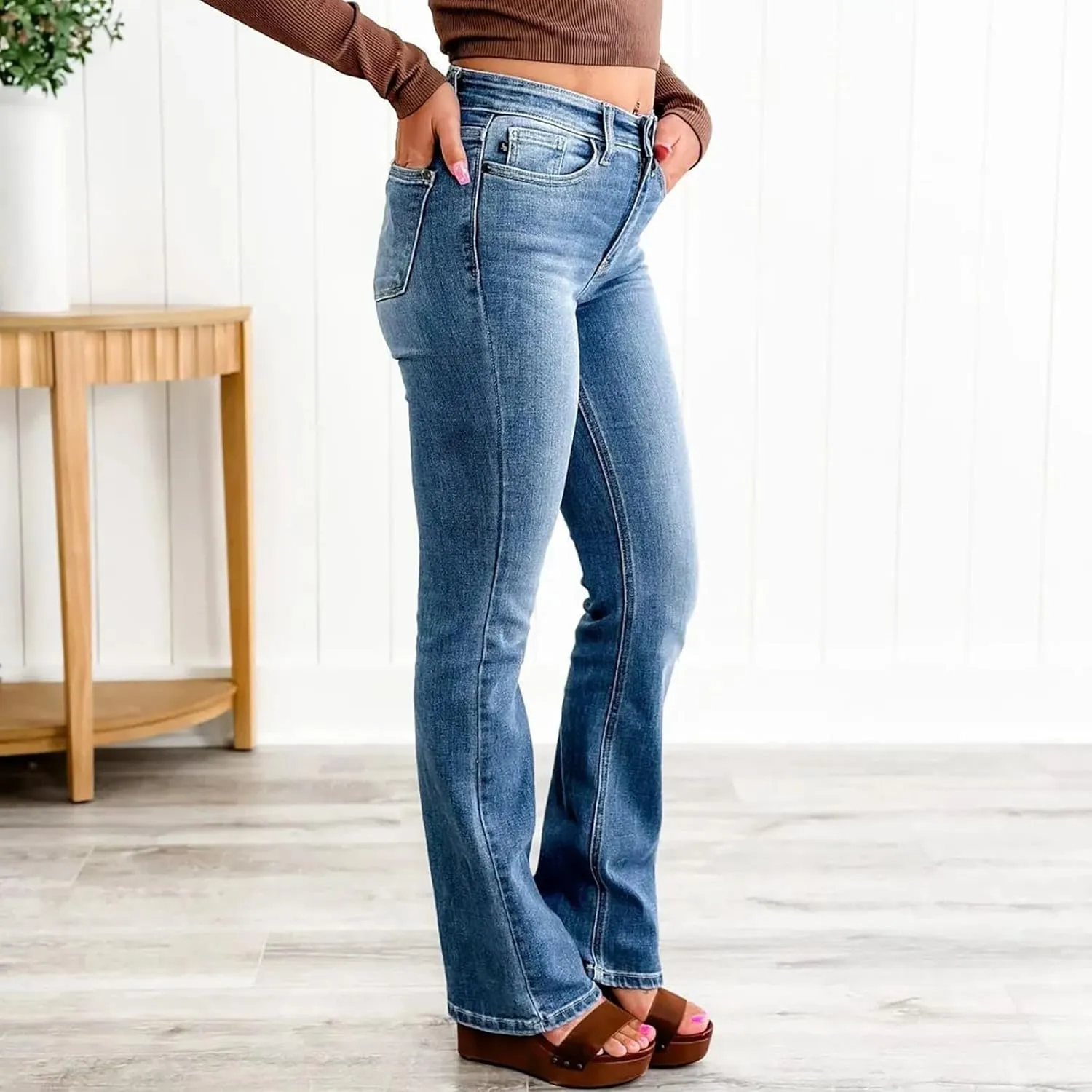 Womens Mid Rise Performance Waist Boot Cut Jeans Curvy Fit Stretch Flare Leg Denim Pants Classic Distressed Jeans