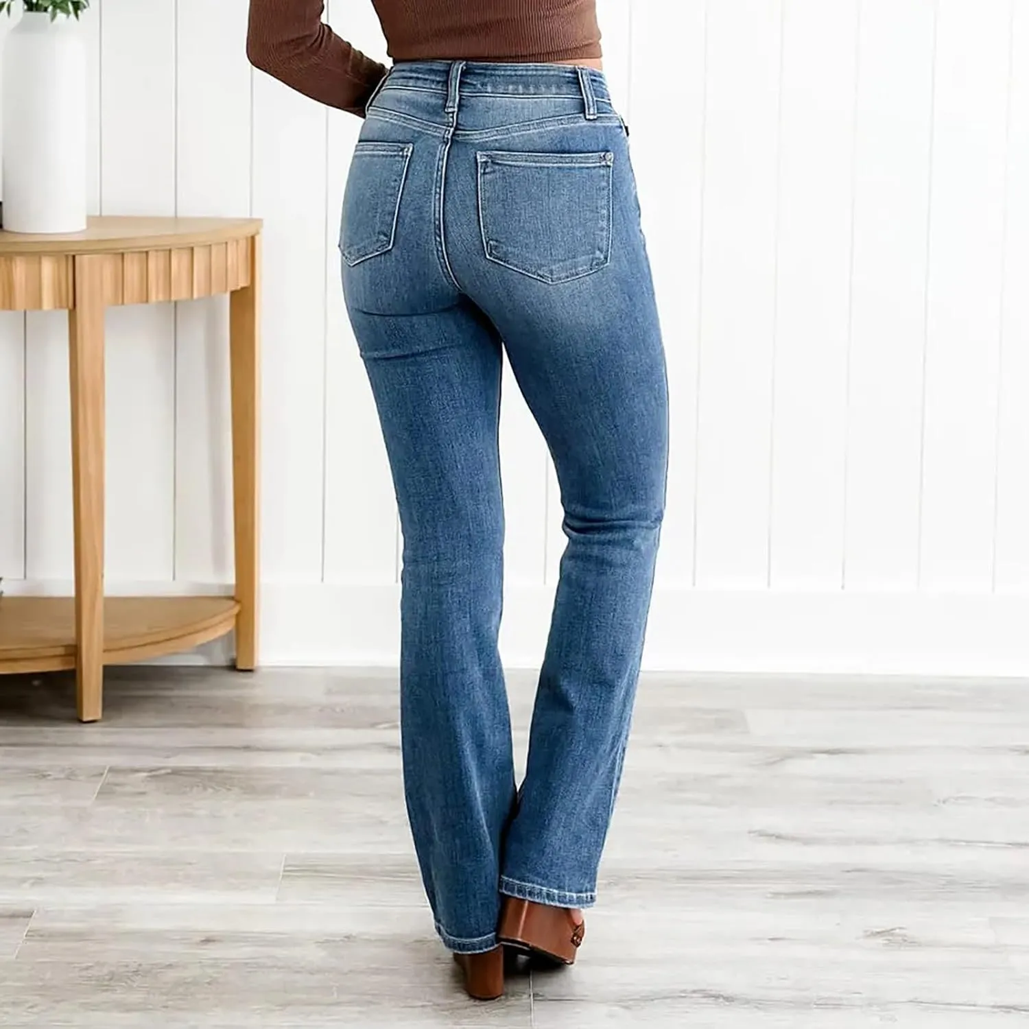 Womens Mid Rise Performance Waist Boot Cut Jeans Curvy Fit Stretch Flare Leg Denim Pants Classic Distressed Jeans