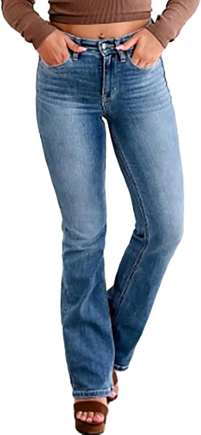 Womens Mid Rise Performance Waist Boot Cut Jeans Curvy Fit Stretch Flare Leg Denim Pants Classic Distressed Jeans