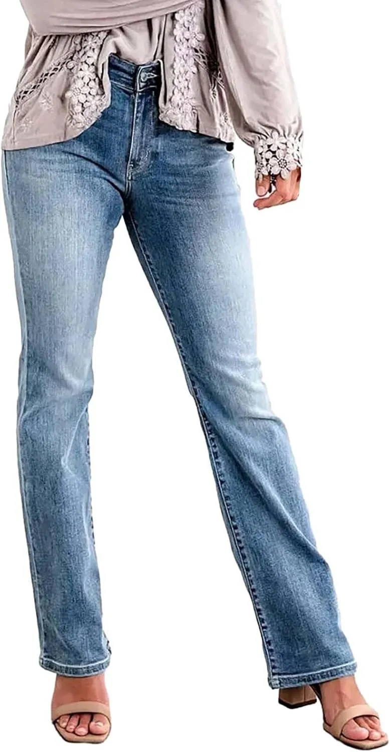 Womens Mid Rise Performance Waist Boot Cut Jeans Curvy Fit Stretch Flare Leg Denim Pants Classic Distressed Jeans