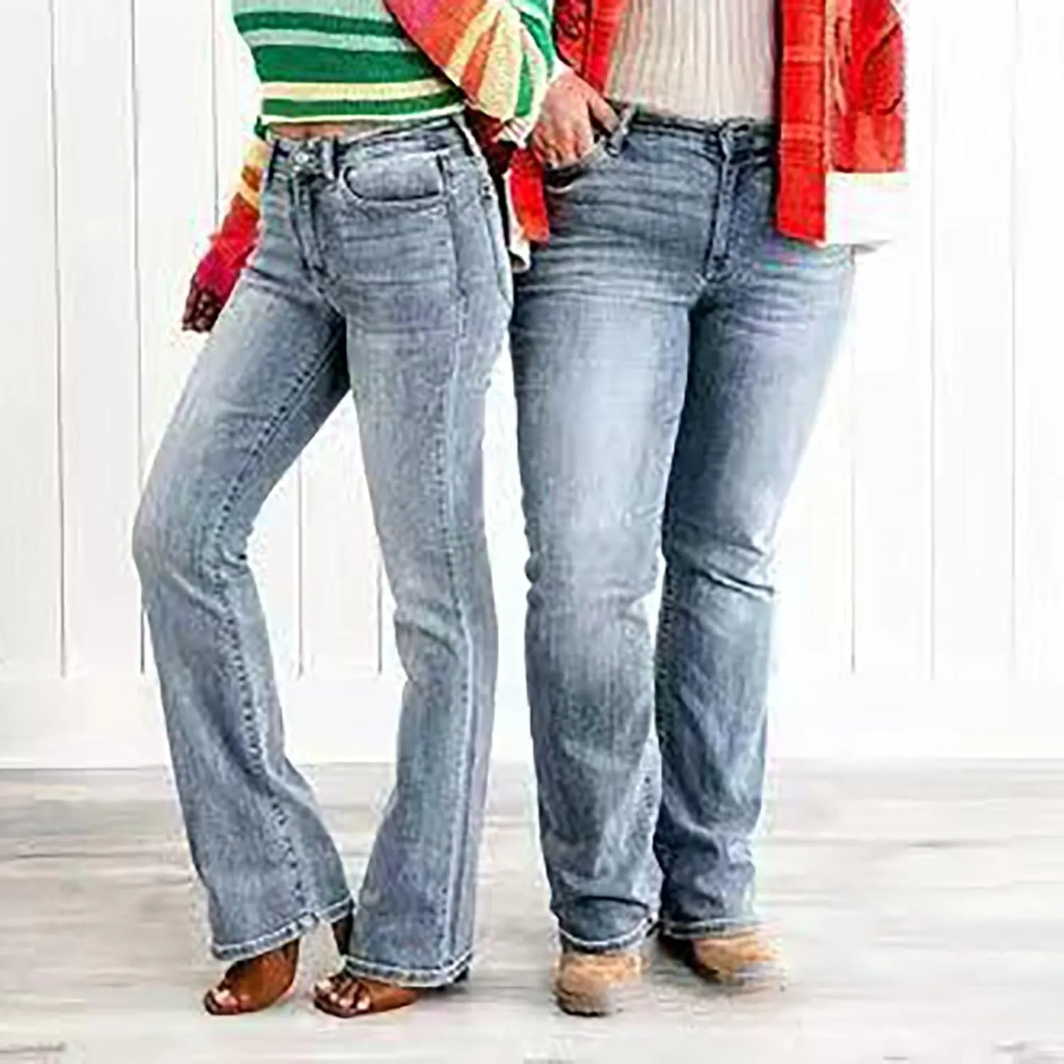 Womens Mid Rise Performance Waist Boot Cut Jeans Curvy Fit Stretch Flare Leg Denim Pants Classic Distressed Jeans