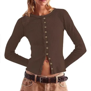Womens Open Front Button Up Cropped Cardigan Ribbed Knit Long Sleeve Shirt Casual Solid Crop Top Cardigan Sweaters