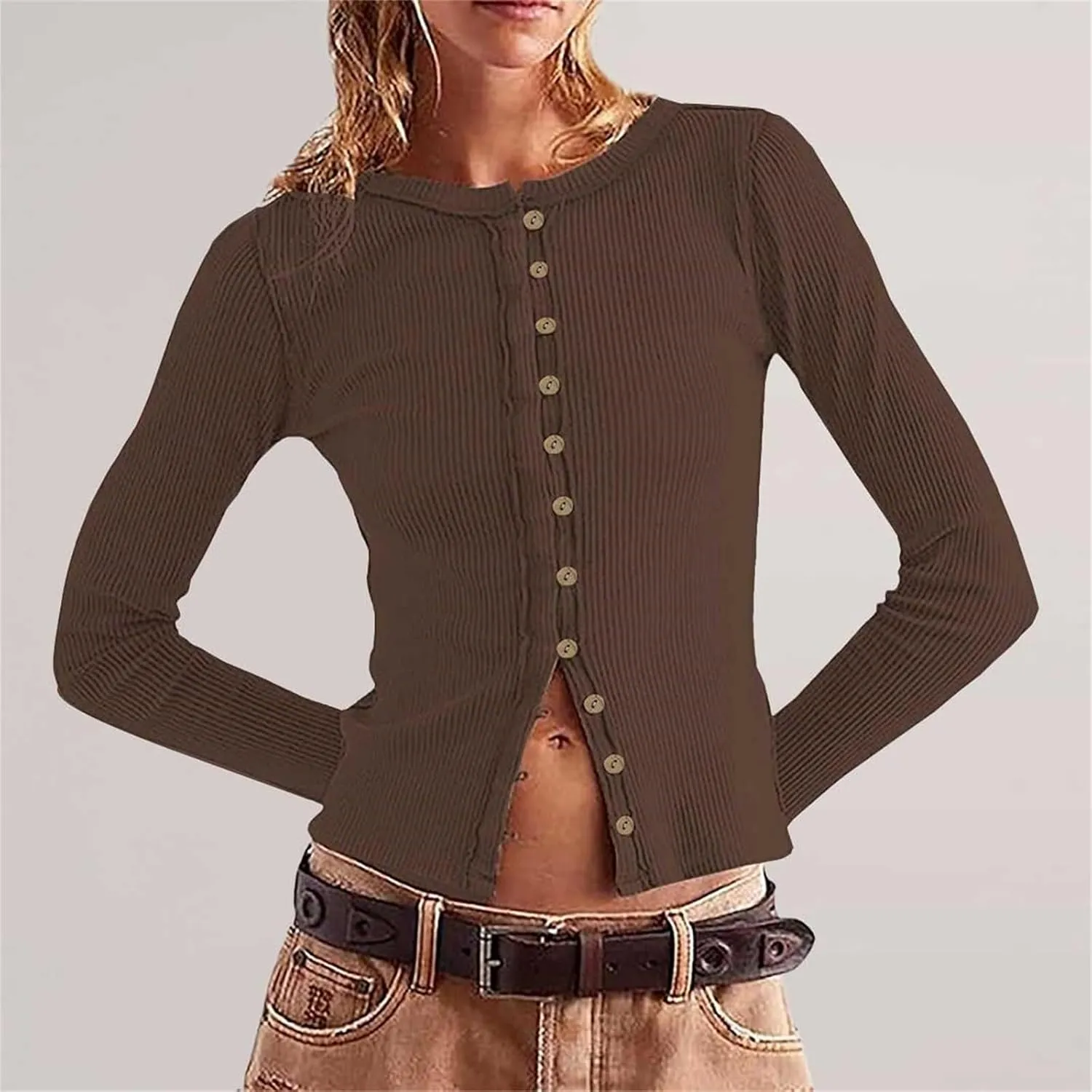 Womens Open Front Button Up Cropped Cardigan Ribbed Knit Long Sleeve Shirt Casual Solid Crop Top Cardigan Sweaters