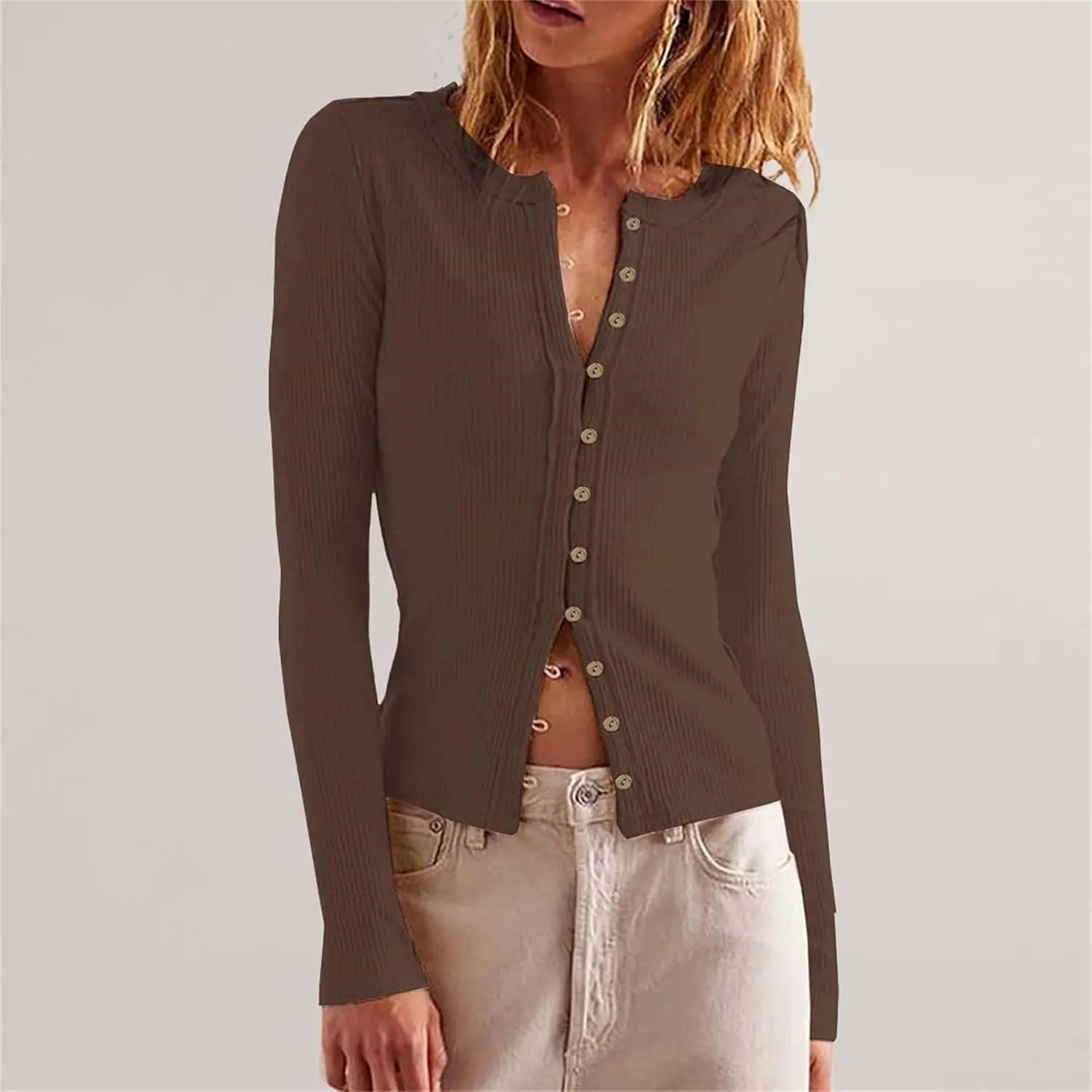 Womens Open Front Button Up Cropped Cardigan Ribbed Knit Long Sleeve Shirt Casual Solid Crop Top Cardigan Sweaters