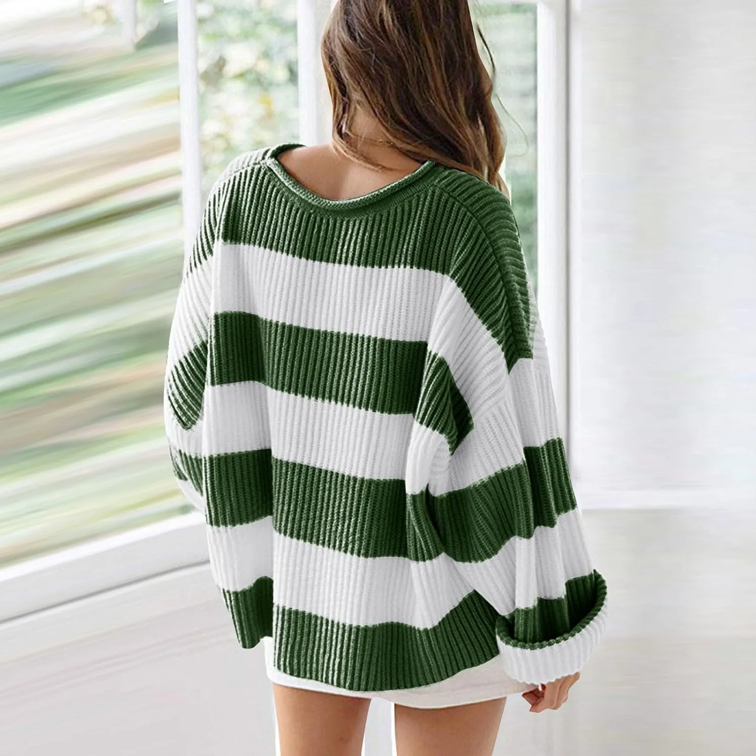 Womens Orange and White Knit Striped Sweater Oversized Long Sleeve Crew Neck Comfy Pullover Sweater Fall Winter Top