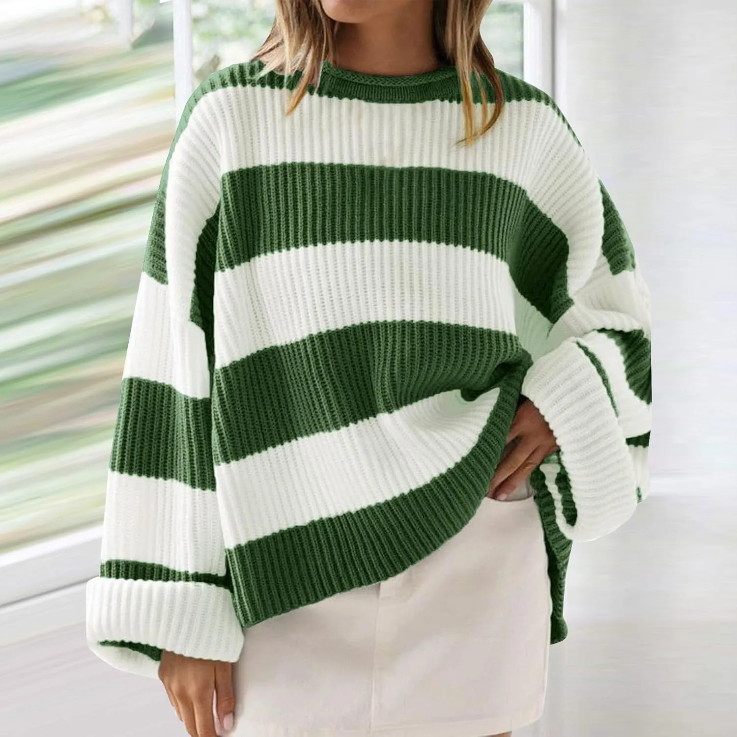 Womens Orange and White Knit Striped Sweater Oversized Long Sleeve Crew Neck Comfy Pullover Sweater Fall Winter Top