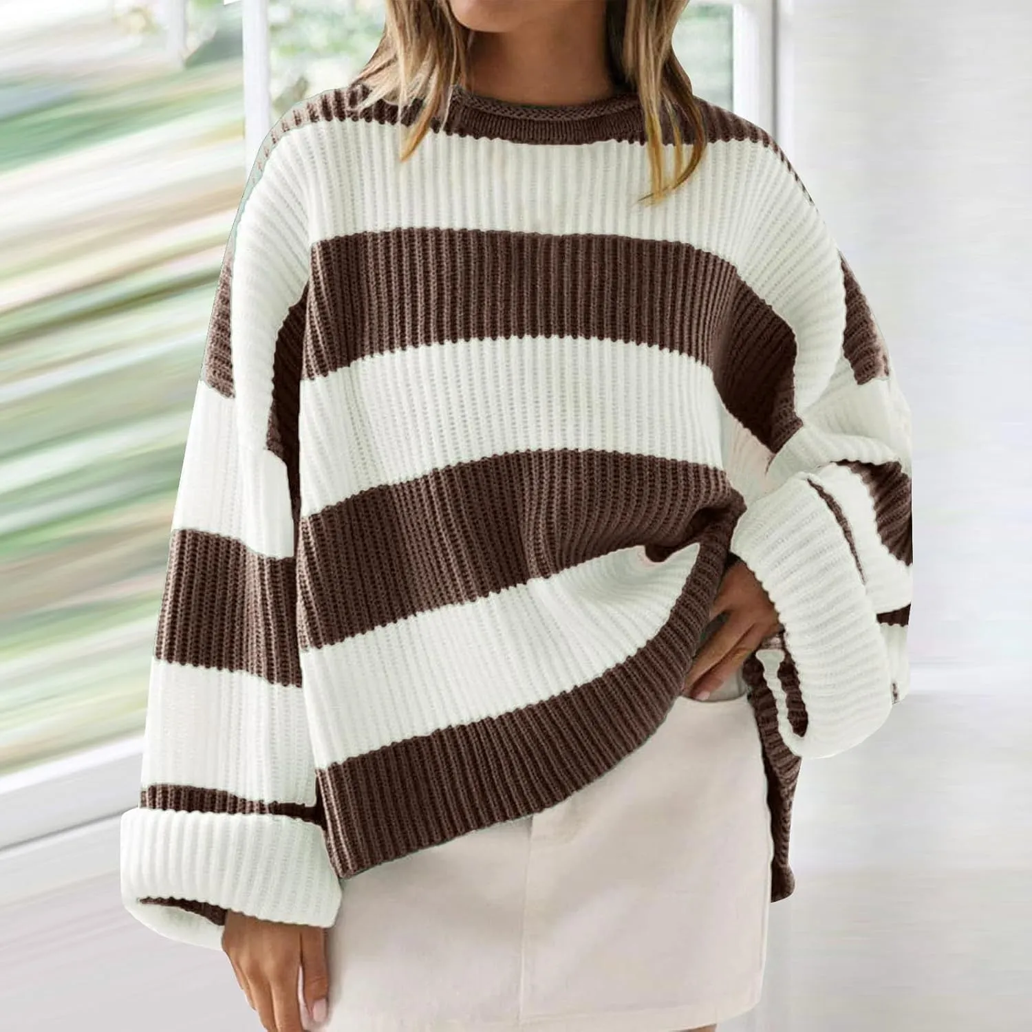Womens Orange and White Knit Striped Sweater Oversized Long Sleeve Crew Neck Comfy Pullover Sweater Fall Winter Top