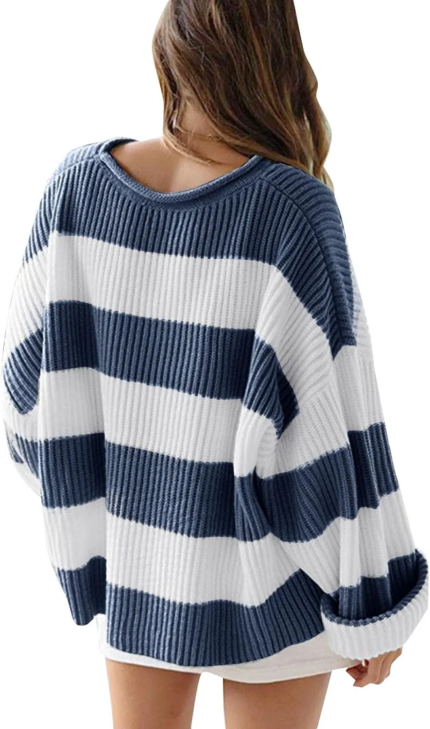 Womens Orange and White Knit Striped Sweater Oversized Long Sleeve Crew Neck Comfy Pullover Sweater Fall Winter Top