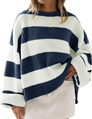 Womens Orange and White Knit Striped Sweater Oversized Long Sleeve Crew Neck Comfy Pullover Sweater Fall Winter Top