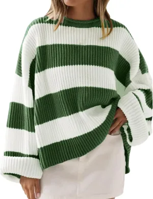 Womens Orange and White Knit Striped Sweater Oversized Long Sleeve Crew Neck Comfy Pullover Sweater Fall Winter Top