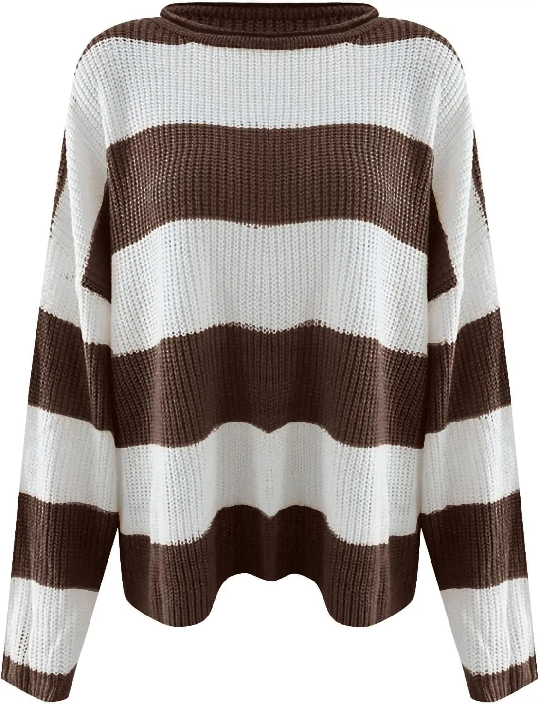 Womens Orange and White Knit Striped Sweater Oversized Long Sleeve Crew Neck Comfy Pullover Sweater Fall Winter Top